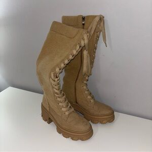 Knee-High Lace-Up Boots in Tan